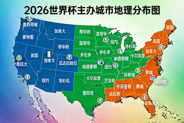 2026世界杯主办城市地理分布图 - 美国加拿大墨西哥16个城市位置